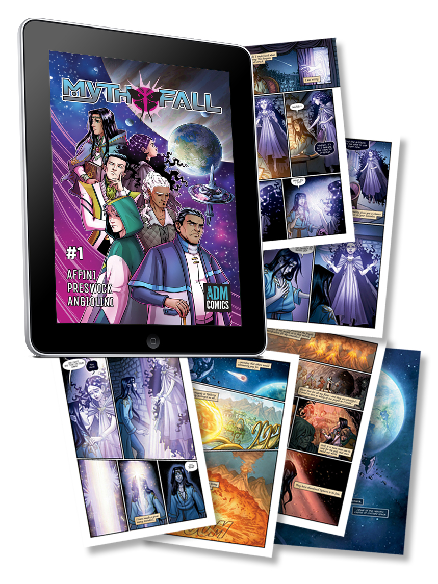 An ipad showing the digital copy of Mythfall issue 1 cover plus some loose pages