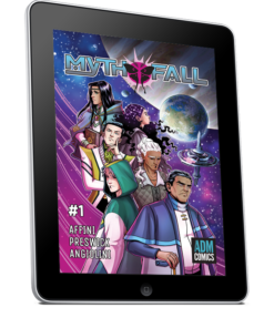 An iPad displaying a PDF of MythFall Issue#1 with the standard cover by Allie Preswick.