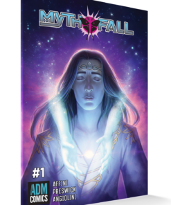 MythFall #1 Mockup with the Eren Angiolini Variant cover featuring a bust of Vastien over a pink & purple star field behind a par of ghostly hands.