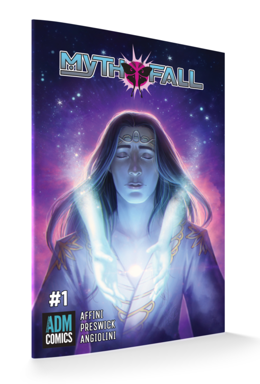 MythFall #1 Mockup with the Eren Angiolini Variant cover featuring a bust of Vastien over a pink & purple star field behind a par of ghostly hands.