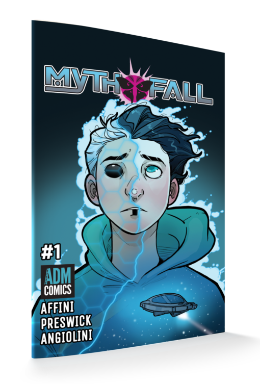 Mockup of MythFall Issue #1 K Lynn Smith Variant featuring a bust of young man against the background of a star field whose hair is changing from white to black as he dismisses a holographic disguise disguise